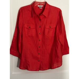 david n 100% Linen button up top 3/4 sleeve Sz XL Tomato Red Summer Resort Beach